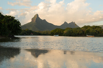 Rempart and Mamelles peaks, from Tamarin Bay where the Indian Ocean meets the river, Tamarin, Black...