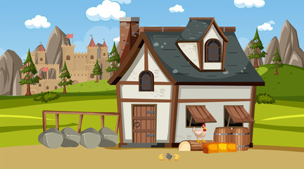 Medieval town scene with villagers - obrazy, fototapety, plakaty
