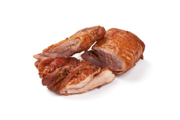 Sliced Smoked Chicken thighs, isolated on white background.
