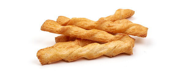 Crunchy bread sticks, cheese sticks, isolated on white background. High resolution image.