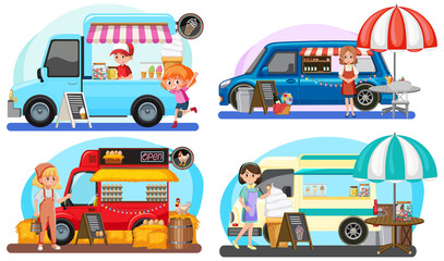 Fototapeta na wymiar Flea market concept with set of different food trucks