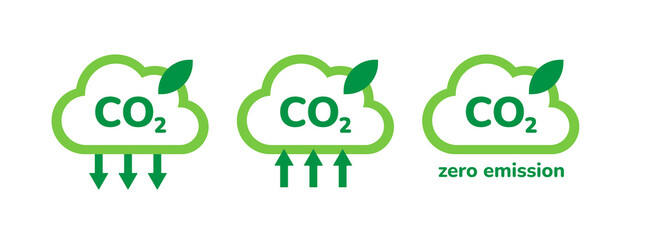 CO2 emission, reduction, neutrality concept vector flat icon set. Carbon dioxide zero footprint, carbon gas air pollution protection, ecology environment CO2 green clouds for your designs. - obrazy, fototapety, plakaty