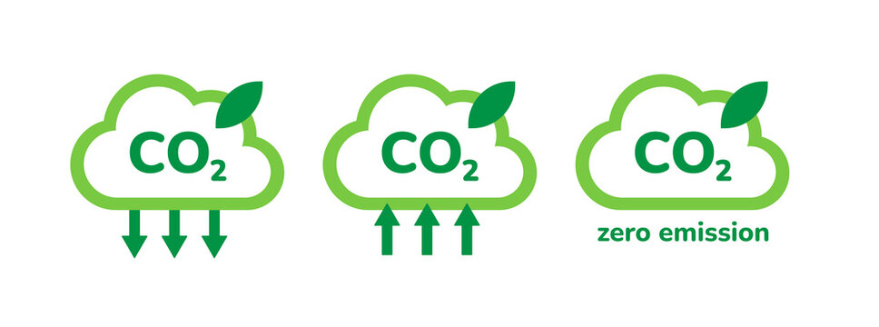 CO2 emission, reduction, neutrality concept vector flat icon set. Carbon dioxide zero footprint, carbon gas air pollution protection, ecology environment CO2 green clouds for your designs.