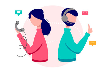 Man and woman call center operators. Customer service, online and phone consultation. flat style illustration.