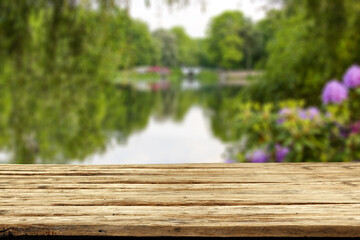 Fototapeta premium Desk of free space and spring landscpae of garden 