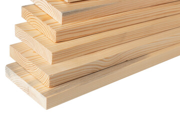 Stacks of pine wood planks on white. Natural rough wooden boards boards, lumber, industrial wood, timber
