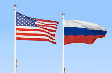 The American and Russian flags flying side by side with blue sky