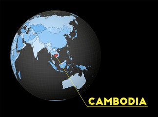 Cambodia highlighted on a dark globe with a blue world map. Satellite view centered on Cambodia with the country name displayed. Vector illustration.