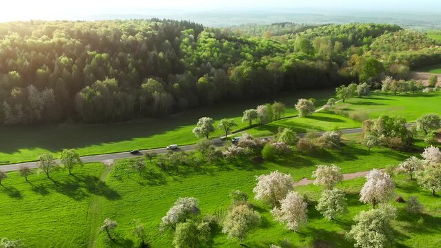 Scenic green landscape with meadows, hills and forests in spring, with cars driving on a road, shot from above 