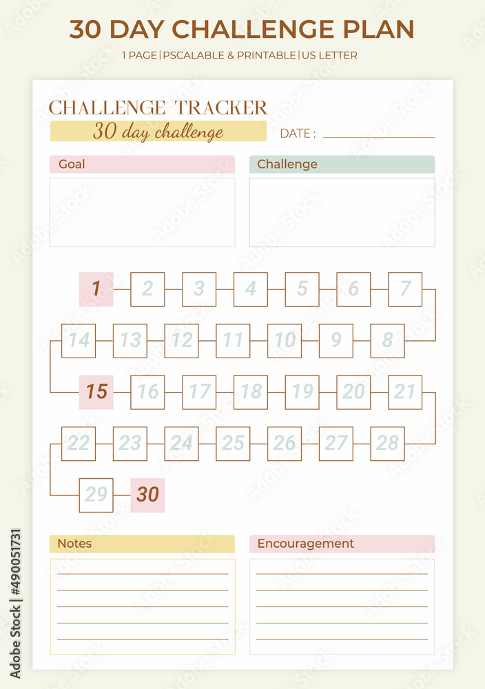 Poster 30 days challenge plan minimalist template. monthly habit challenge journal. vector vertical templat