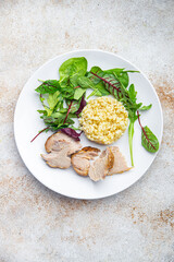 bulgur meat and salad leaves lettuce healthy meal food diet snack on the table copy space food background 