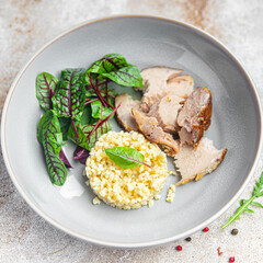 bulgur meat and salad leaves lettuce healthy meal food diet snack on the table copy space food background 