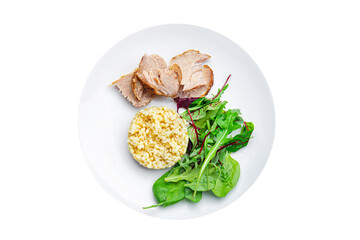 bulgur meat and salad leaves lettuce healthy meal food diet snack on the table copy space food background 