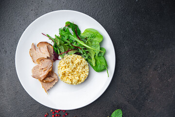 bulgur meat and salad leaves lettuce healthy meal food diet snack on the table copy space food background 