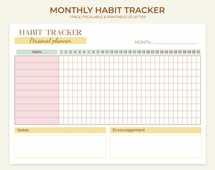 Fototapeta na wymiar Minimalist printable monthly habit tracker template. Daily, monthly tracker of important habits with notes and rewards. Vector horizontal template.