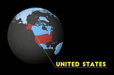 USA on dark globe with blue world map. Red country highlighted. Satellite world view centered to USA with country name. Vector Illustration.