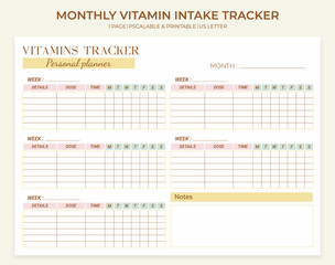 Minimalistic monthly printable vitamin and supplement intake tracker template. Weekly, monthly, daily medication tracking log. Vector horizontal template. - obrazy, fototapety, plakaty