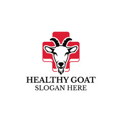 Goat head logo with red cross symbol, suitable for animal care, farm, health, veterinary clinic or related business.