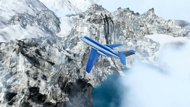 Blue commercial passenger jet flying over mountains, airplane side shot