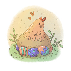 The hen sits on the eggs. The hen incubates the eggs. Easter eggs and chicken.