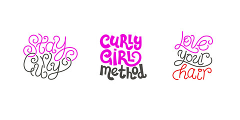 various logo, lettering - curly girl method, stay curly, love your hair