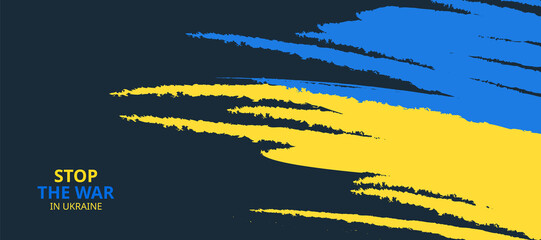 Stop the war in Ukraine inscription, Patriotic Ukraine flag shape vector icon. Ukrainian country symbols in blue yellow ua national colors on dark horizontal panorama banner background.  
