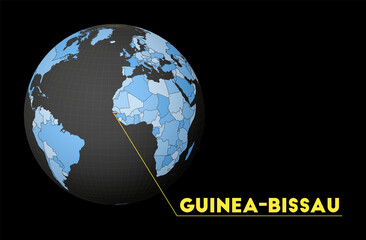 Guinea-Bissau on dark globe with blue world map. Red country highlighted. Satellite world view centered to Guinea-Bissau with country name. Vector Illustration.