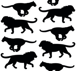 Vector seamless pattern of flat lion and lioness silhouette isolated on white background