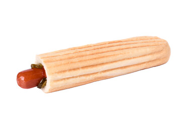 Hot dog with ketchup and mustard on white background