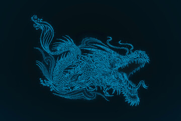 glowing blue Chinese dragon on a dark blue background