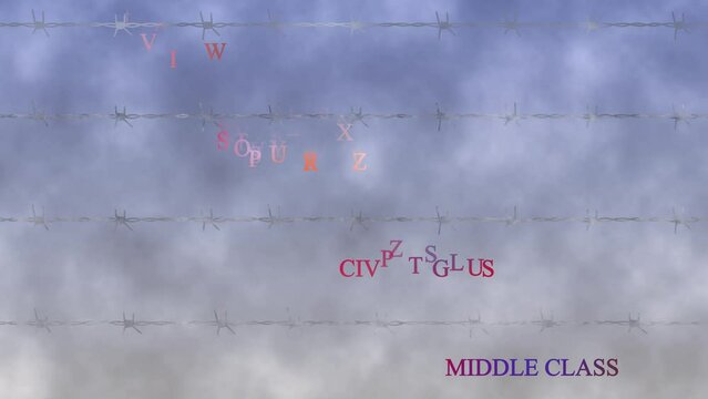 Barbed wire fence closes blue sky with clouds. Human rights concept. Freedom, democracy, the middle class, civil rights are disappearing. Animation of a barbed lattice in the sky.