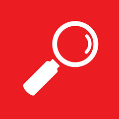 White magnifying glass icon isolated on red. Search icon in flat style. Trendy magnifying glass icon for search and zoom symbol, sign, ui, web site and magnifier logo. Modern magnifying glass vector