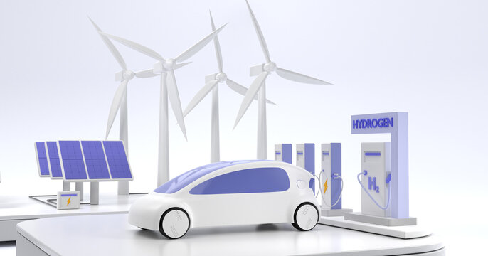 Hydrogen H2 and electric charger station with future car. Concept of green energy, eco technologies with renewable resources. Modern vehicle with wind turbines, solar panels and battery, 3d render