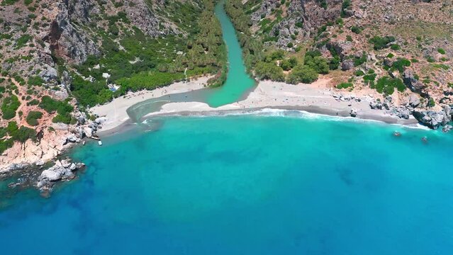 Greece Crete island famous Preveli beach aerial view panorama