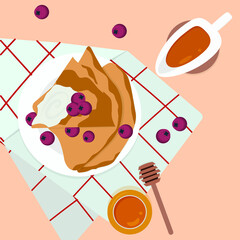 Vector image of a plate with pancakes, butter, honey, berries.  Pancake day