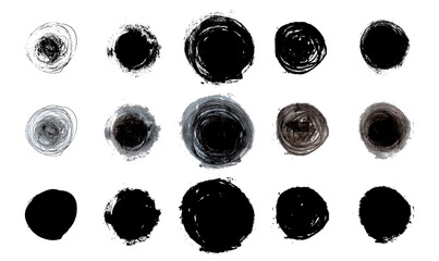 Set de trazos reales hechos a mano con pintura, formas redondas, circulares, conjunto de trazos vectoriales en color negro - obrazy, fototapety, plakaty