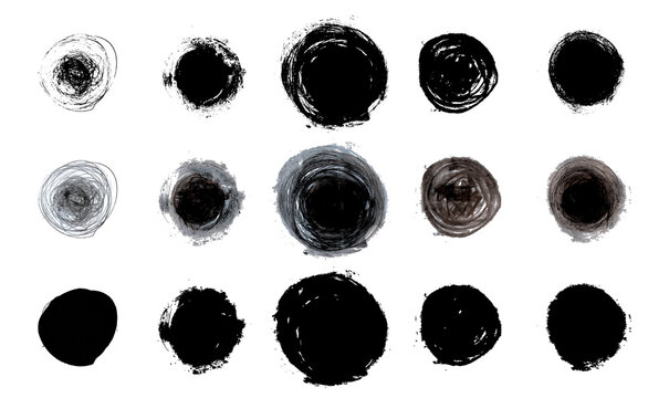 Set de trazos reales hechos a mano con pintura, formas redondas, circulares, conjunto de trazos vectoriales en color negro