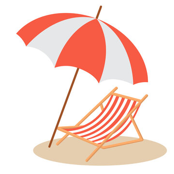 beach umbrella and wooden deck chair vector drawing isolated on white background