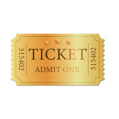 beautiful and bright golden ticket for cinema, circus, shop, museum, exhibition and other events. admit one