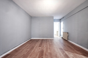 Empty room with cast iron radiator, white woodwork, gray painted walls, exit to a terrace and wooden floor