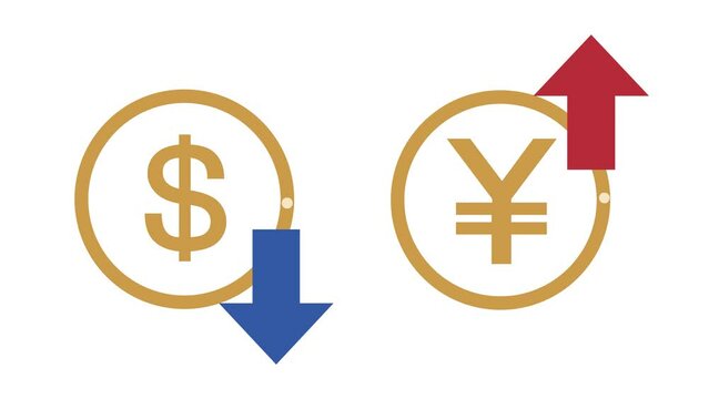 円とドルの相場　（円高ドル安）アップダウンの値動きを表している矢印とお金