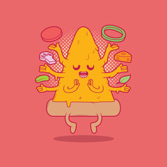 Meditating Pizza character vector illustration. Food, funny, meditation design concept.