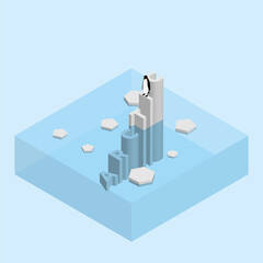 Penguin on text wording iceberg. Global warming and ice melting concept of sea level rise, world flood, climate change, greenhouse effect and floating glacier in Arctic, Antarctic and North Pole.