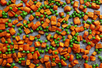 Fototapeta premium Oven roasted carrots and sweet potatoes and green peas on a parchment paper, cut into cubes