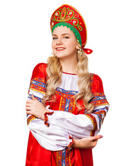 Traditional Russian folk costume, portrait of a young beautiful girl