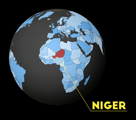 Niger highlighted on a dark globe with a blue world map. A satellite view centered on Niger with the country name displayed. Vector illustration.