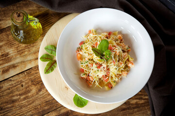 Pasta with cheese and seafood. Italian cuisine.