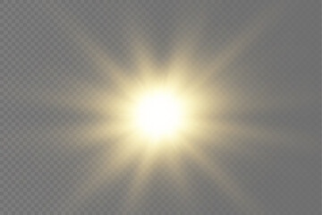 Glow bright light star, yellow sun rays, sunshine.