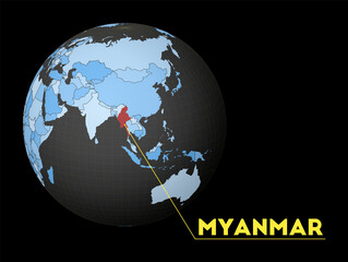 Myanmar on dark globe with blue world map. Red country highlighted. Satellite world view centered to Myanmar with country name. Vector Illustration.