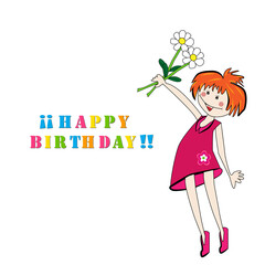 Felicitación de cumpleaños con niña feliz y margaritas.